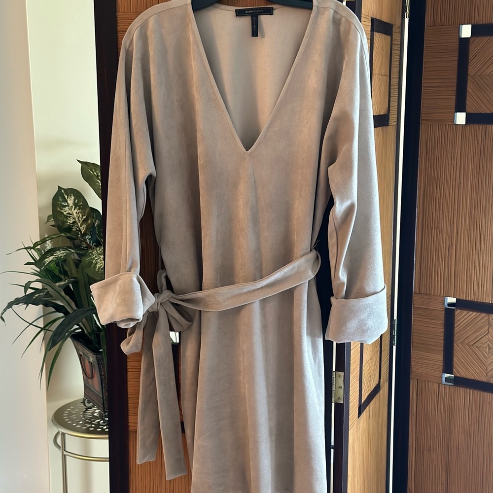 BCBG MAX AZRIA faux suede Dress. Color: Taupe with V neckline. Machine washable